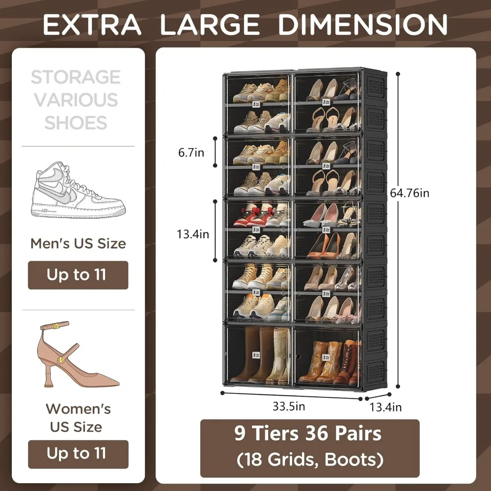 9 Tiers Shoe Cabinets with Lids & Door, 36 Pairs Clear Shoes Storage Boxes, Stackable Sneaker Storage, Large Shoe Cabinets