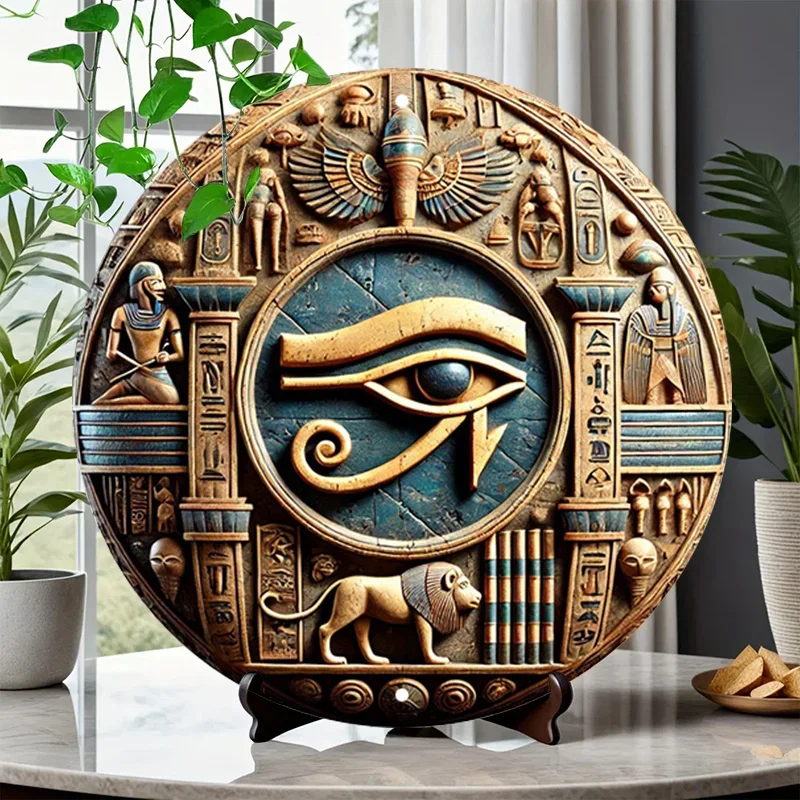 Tin Painting，Egyptian Hieroglyphics Eye Of Horus Round Sign Carved Metal Wall Art, Adventure Theme ，Vintage Home Decor