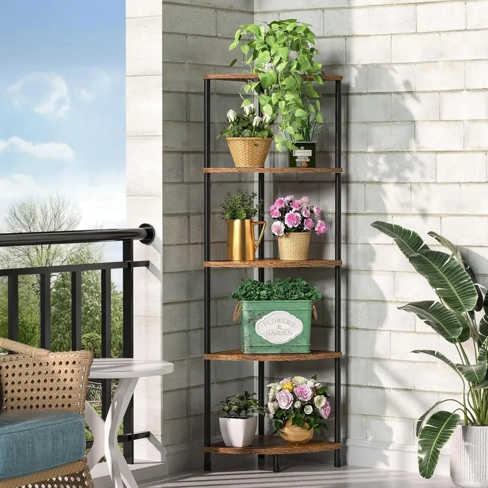 

Угловая полка для растений, 5-уровневая высокая полка для комнатных растений, коричневая угловая книжная полка в деревенском стиле, настенный декор для гостиной