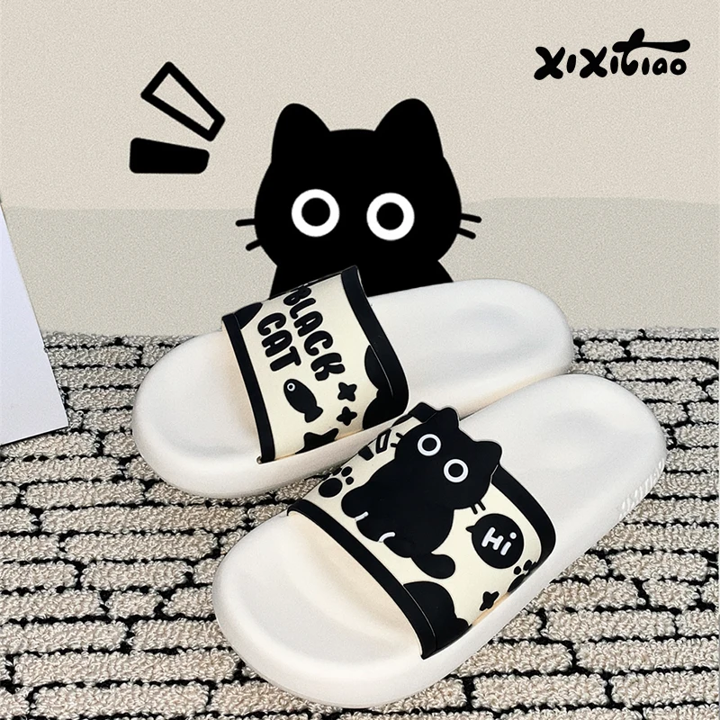 XIXITIAO Womens Black Cat Slippers Summer Color Blocking Indoor Home Shower Wearable with Non-Slip EVA Soft Sole and Cute Design
