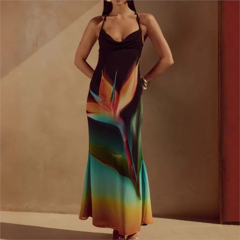 

Black Floral Print Sexy Maxi Dress For Women Fashion Spaghetti Strap Sleeveless Backless Bodycon Nightclub Party Long Dresses