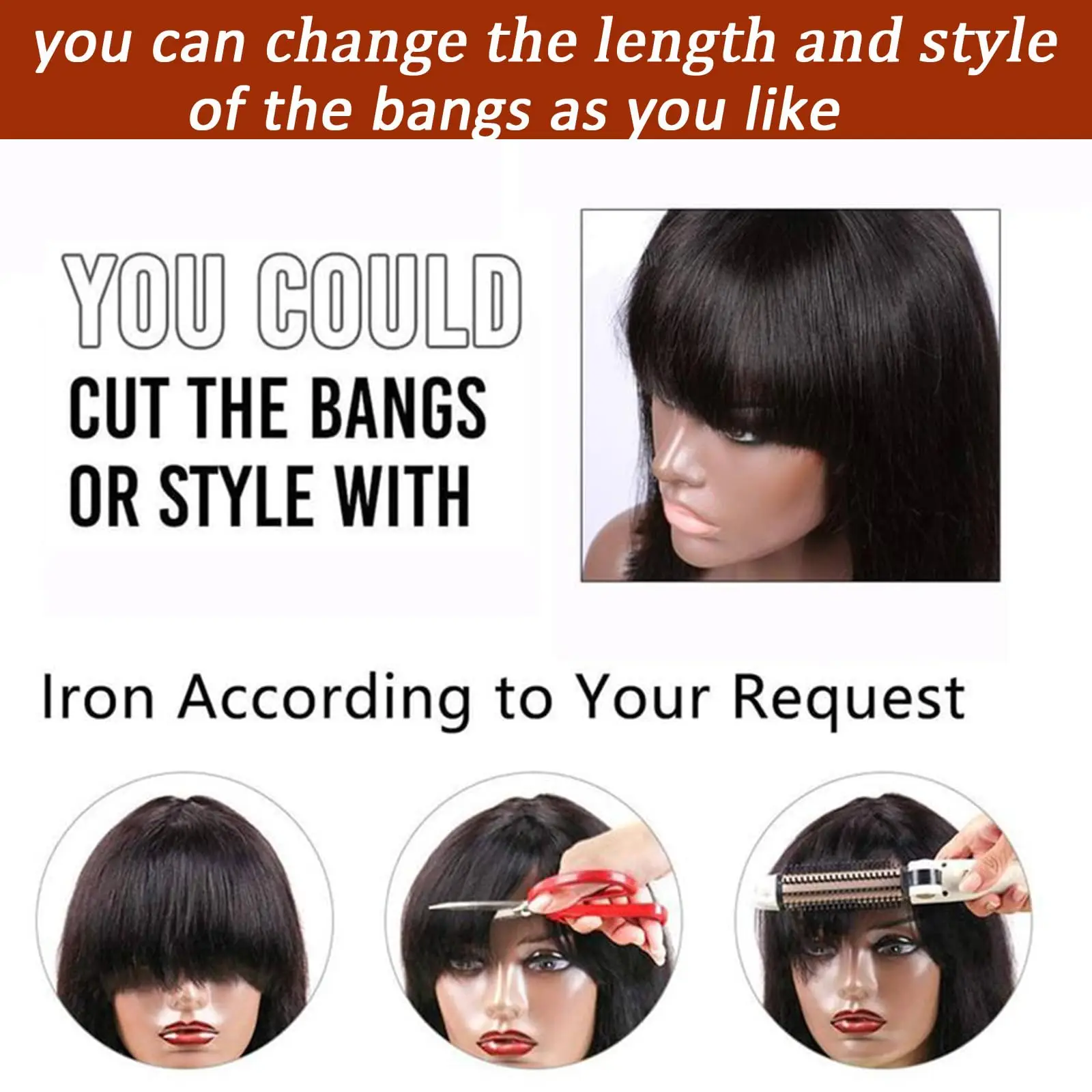 Wig Bob lurus tanpa lem, dengan poni 2x1 Renda bagian tengah Wig pendek Bang Bob rambut lurus Natural Black Bang Wig Bob