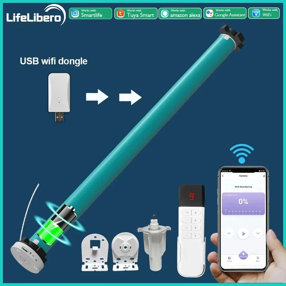 LifeLibero Tuya Wifi Battery Smart Curtains Motor Roller Blinds For 38mm Tube Rechargeable Wired Free Shutter Electric Motor