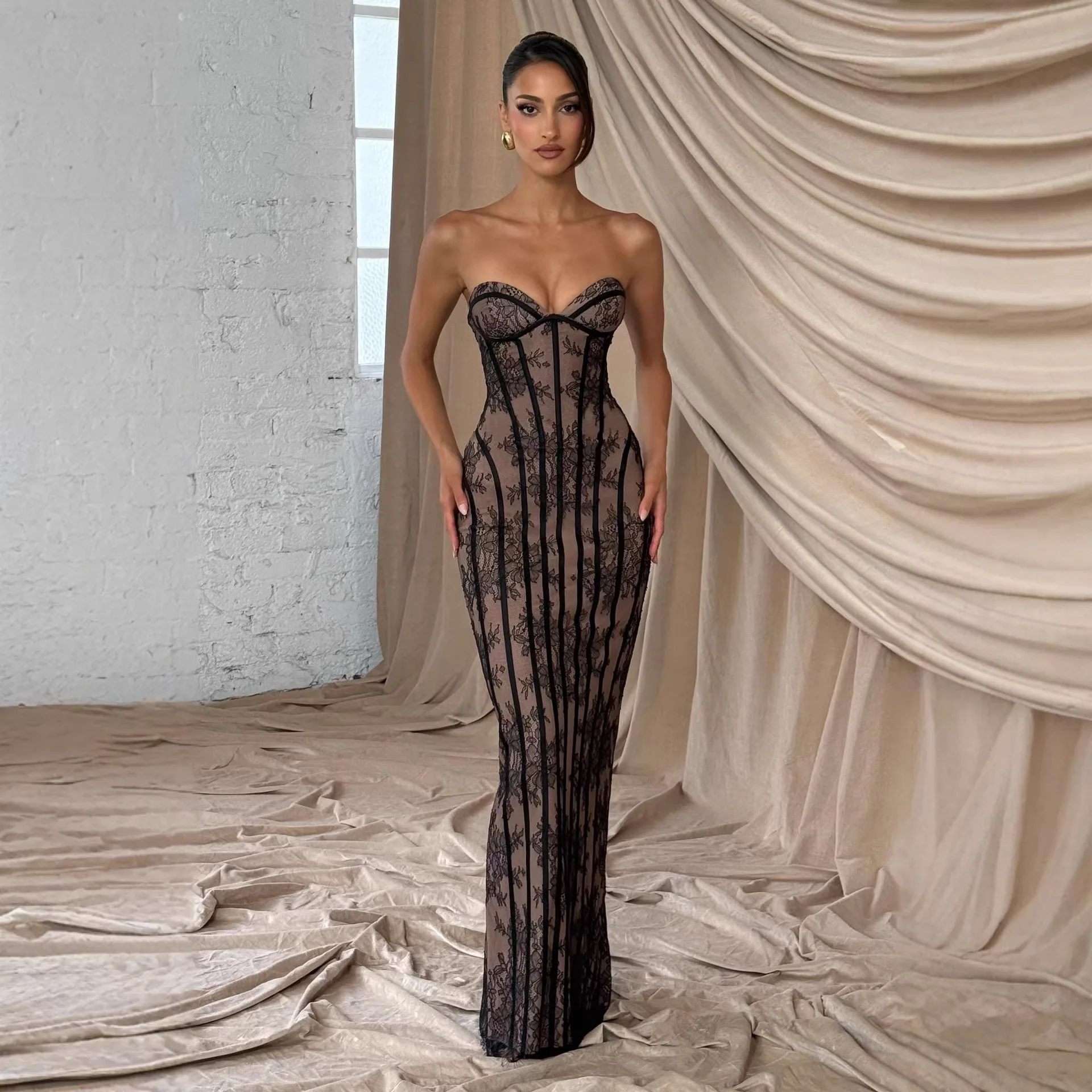 

Women's casual long sleeved slim fit pure desire lace camisole jumpsuit, long skirt with color correction, hip hugging dress