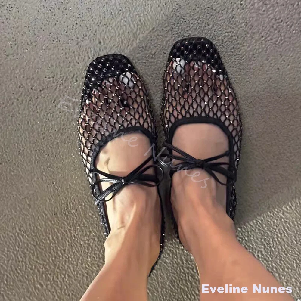 

Женские туфли-балетки Мэри Джейн с сетчатым бантом и стразами, французский балетный стиль, летние, новые, с круглым носком, с ремешком, модные туфли 2026 года