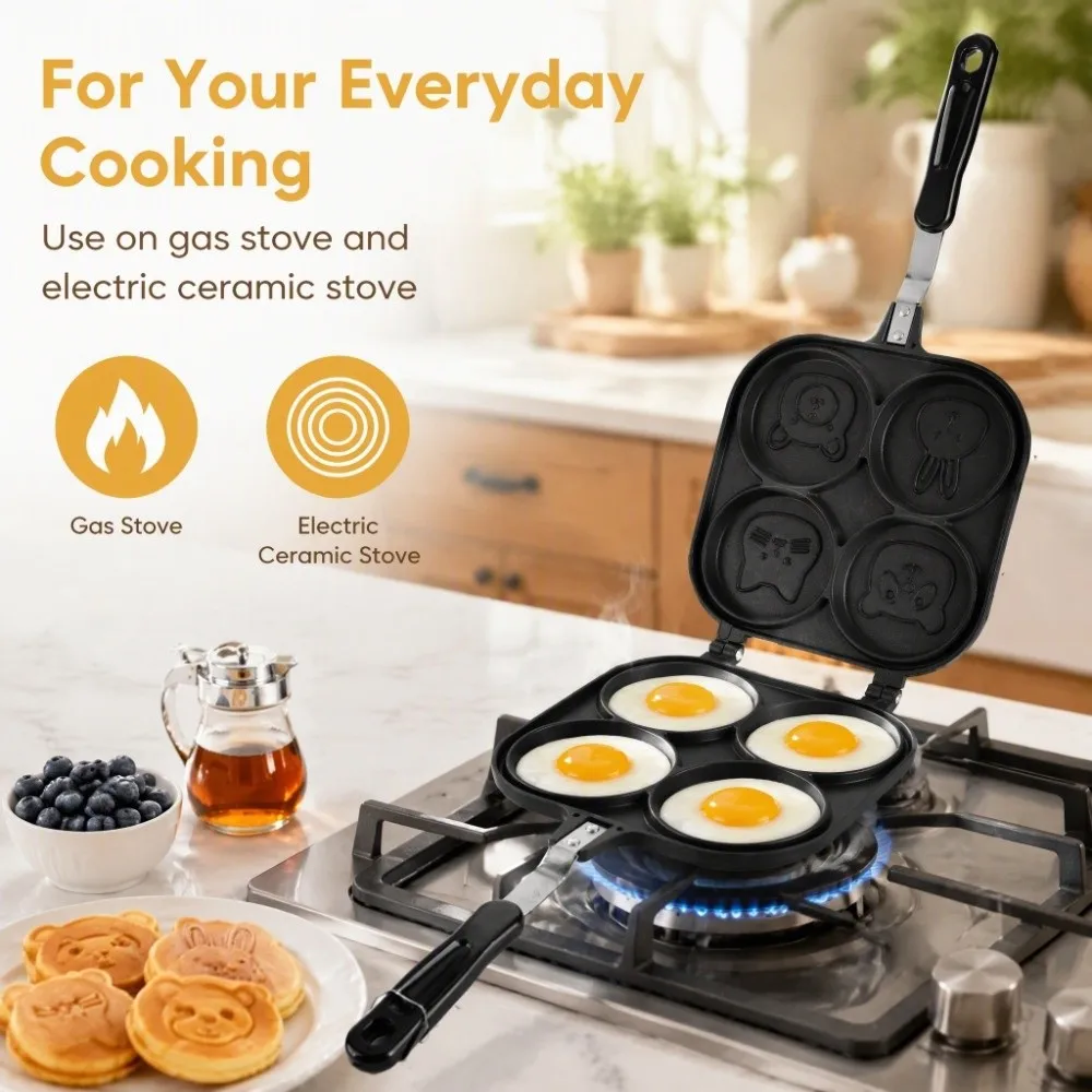 Aluminum Plstic Non-Stick Frying Pan Black 4 Holes Pancake Maker Anti Stick Cartoon Animal Pattern Mini Pancake Pan Home Kitchen