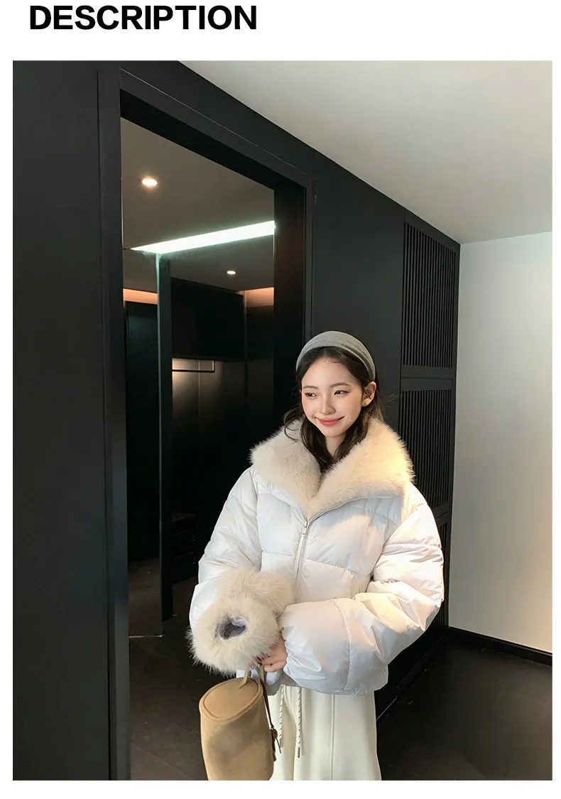 Korean Women's Short Puffer Jacket with Large Fur Collar Women Loose Thick Padded Cotton Coats Female Solid Casual Zipper Parkas