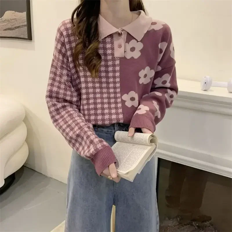 DAYIFUN French Women's Floral Plaid Color Block Knit Sweater Long Sleeved Loose Pullover Tops Female's Turn Dowm Collar Clothing