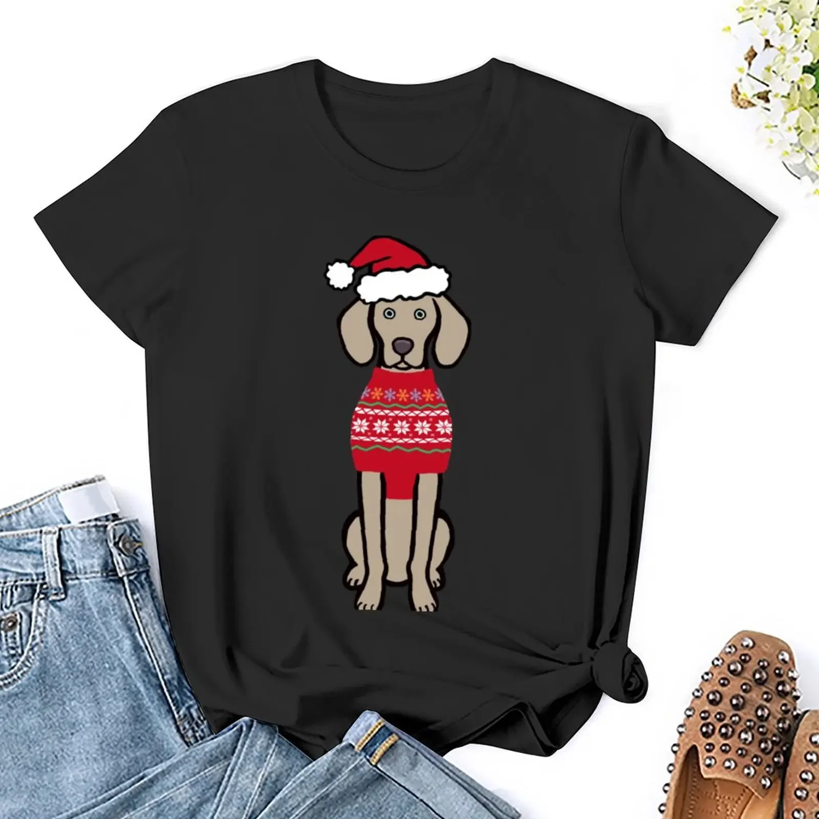 Weimaraner Christmas Santa Hat and Nordic Sweater T-Shirt aesthetic clothes Blouse Woman fashion