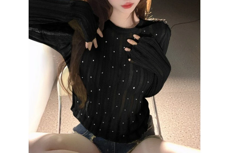 Pure Desire T-shirt a maniche lunghe da donna con copertura solare lavorata a maglia in seta di ghiaccio cava sottile estiva