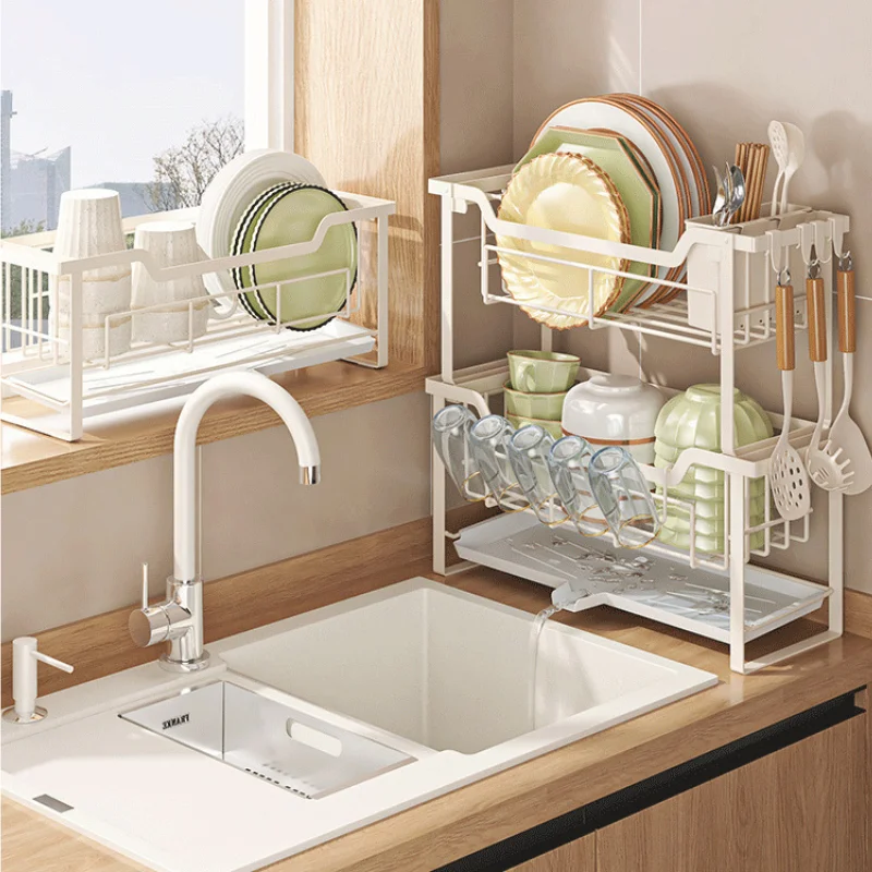 Kitchen Dish Drying Rack 2 Ter Cutlery Storage Rack With Drain Tray Over Sink Dish Cup Storage Holder Rust-Proof Utensil Rack