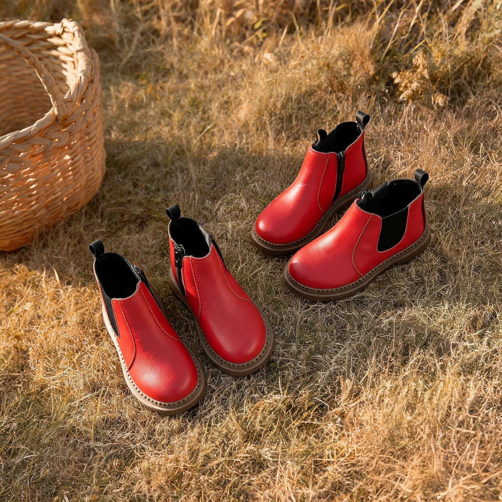 COMFY KIDS Kids Red Smooth PU Ankle Boots Boys Girls Side Zipper Elastic Panels Platform Daily Children Casual Short Boots