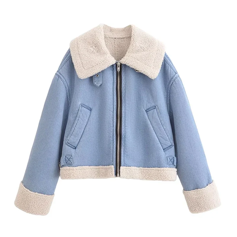 2025 Fashion High Quality Women Blue Denim Thick Lambswool Jacket Coat Casual Zipper Winter Warm Outerwear Tops Female
