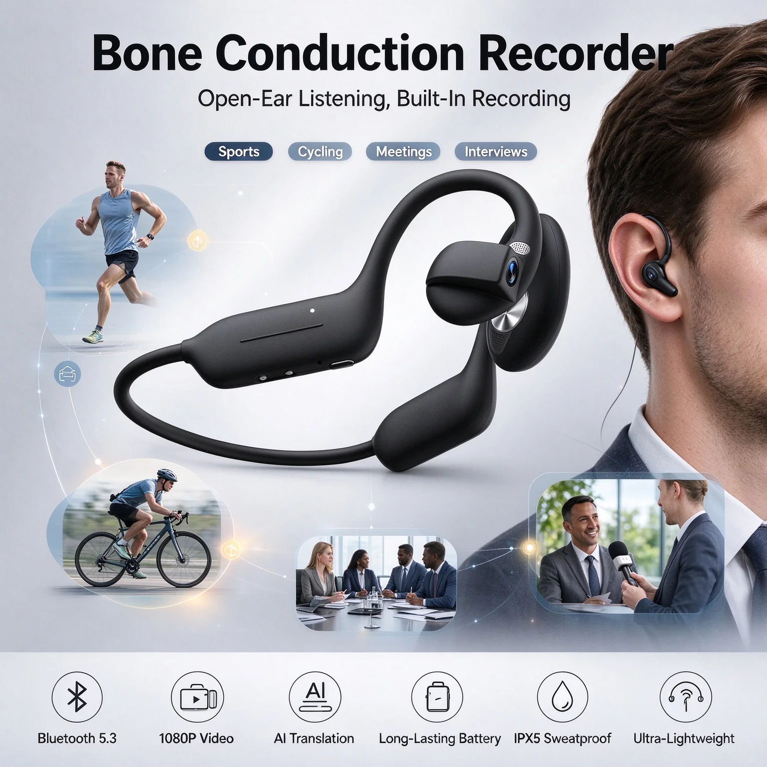 AI Camera Headphones 8MP HD Recording, Smart AI Translation, Ear-Hanging Air Conduction Bluetooth Earphones Outdoor Cycling