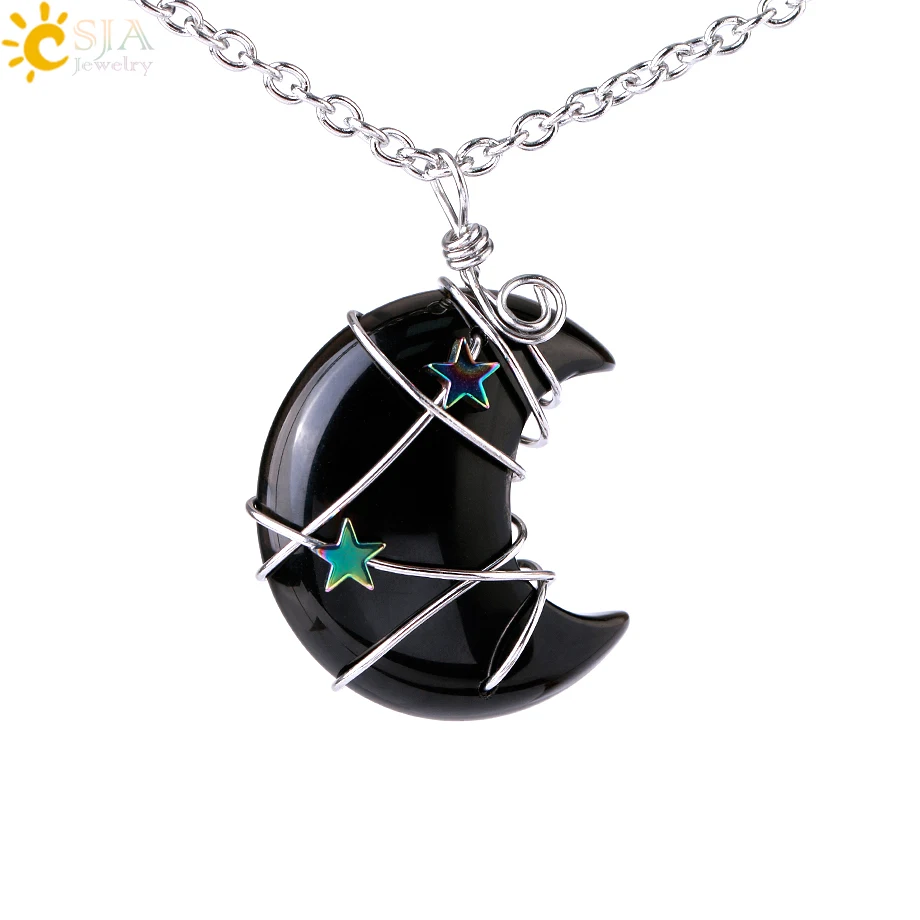 CSJA Crystal Crescent Moon and Star Pendant Necklace Healing