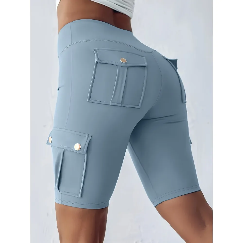 

Большие размеры 1XL-5XL, женские модные однотонные шорты с карманами, спортивные брюки, женские повседневные леггинсы-карго