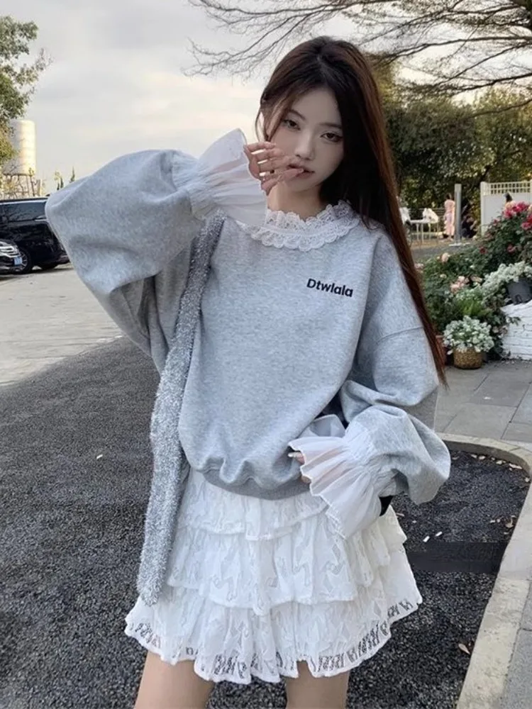 Deeptown Korean Fashion Sweatshirts Women Kpop Sweet Girl Gray Lace Patchwork Hoodies Female Coquette Aesthetic Long Sleeve Tops