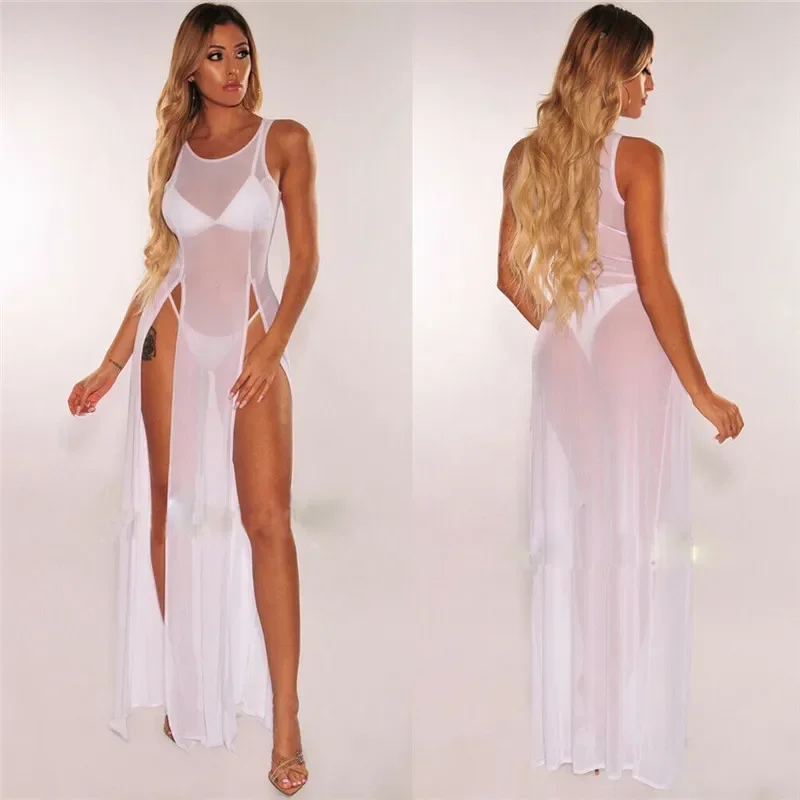 Vestido Maxi longo de malha sexy feminino, veja através da cobertura do biquíni, vestido de praia, alças sem mangas, vestidos de fenda alta, verão