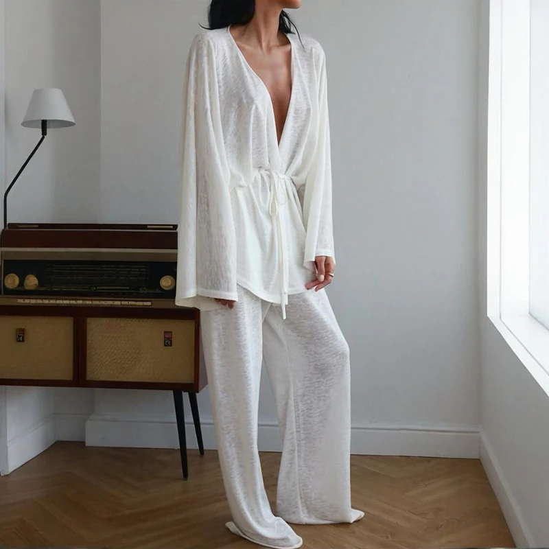 

Tornova Fashion Modal Pant Two Piece Set Women's Lace Up Long Sleeve Causal Pajamas Suit Loose Sexy Home Clothing Female Solid