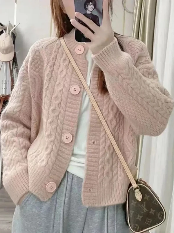 Autumn Winter Loose round Neck  Color Sweater Jacket Short Open Cardigan  Design Women's Long Sleeve Top