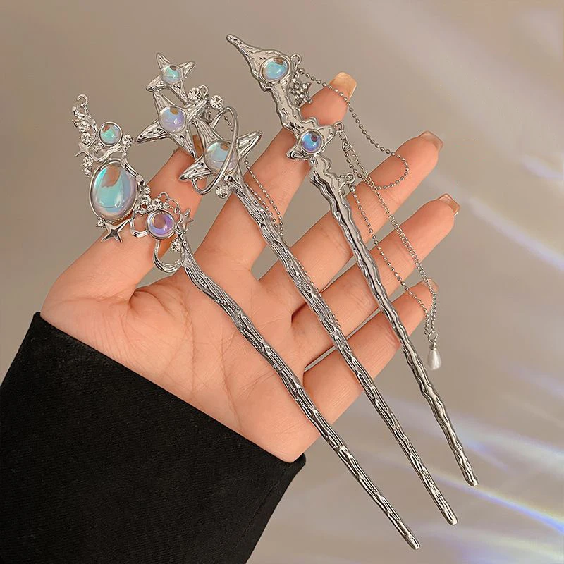 Vintage Moonstone Hair Sticks for Women 2024 New Chinese Style Metal Long Tassel Chain Hair Pins Headwear Hair Accessories