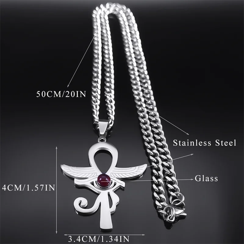 Alte Ankh Kreuz Auge von Horus Ägypten Flügel Halskette Amulett Frauen Edelstahl roten Stein religiöse Halsketten Schmuck n9751s03 – Detail 3