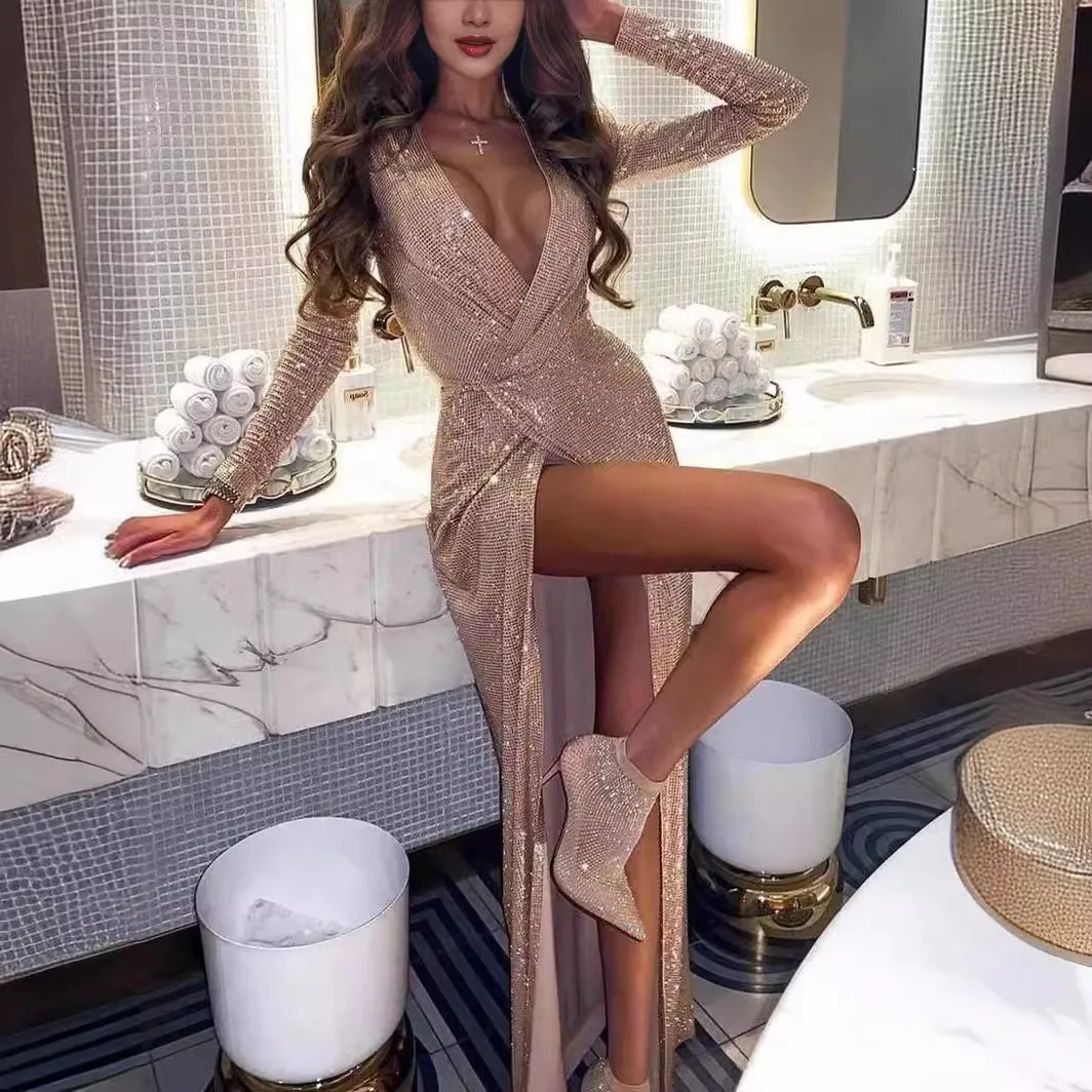 Big size fashion women's autumn and winter new solid color V-neck shiny sexy Slim long-sleeved dress long dress womenv