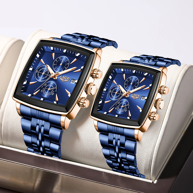 LIGE Luxury Brand Couple Watches Stainless Steel Waterproof Luminous Quartz Watch Fashion Simple Lovers Gifts for Men and Women
