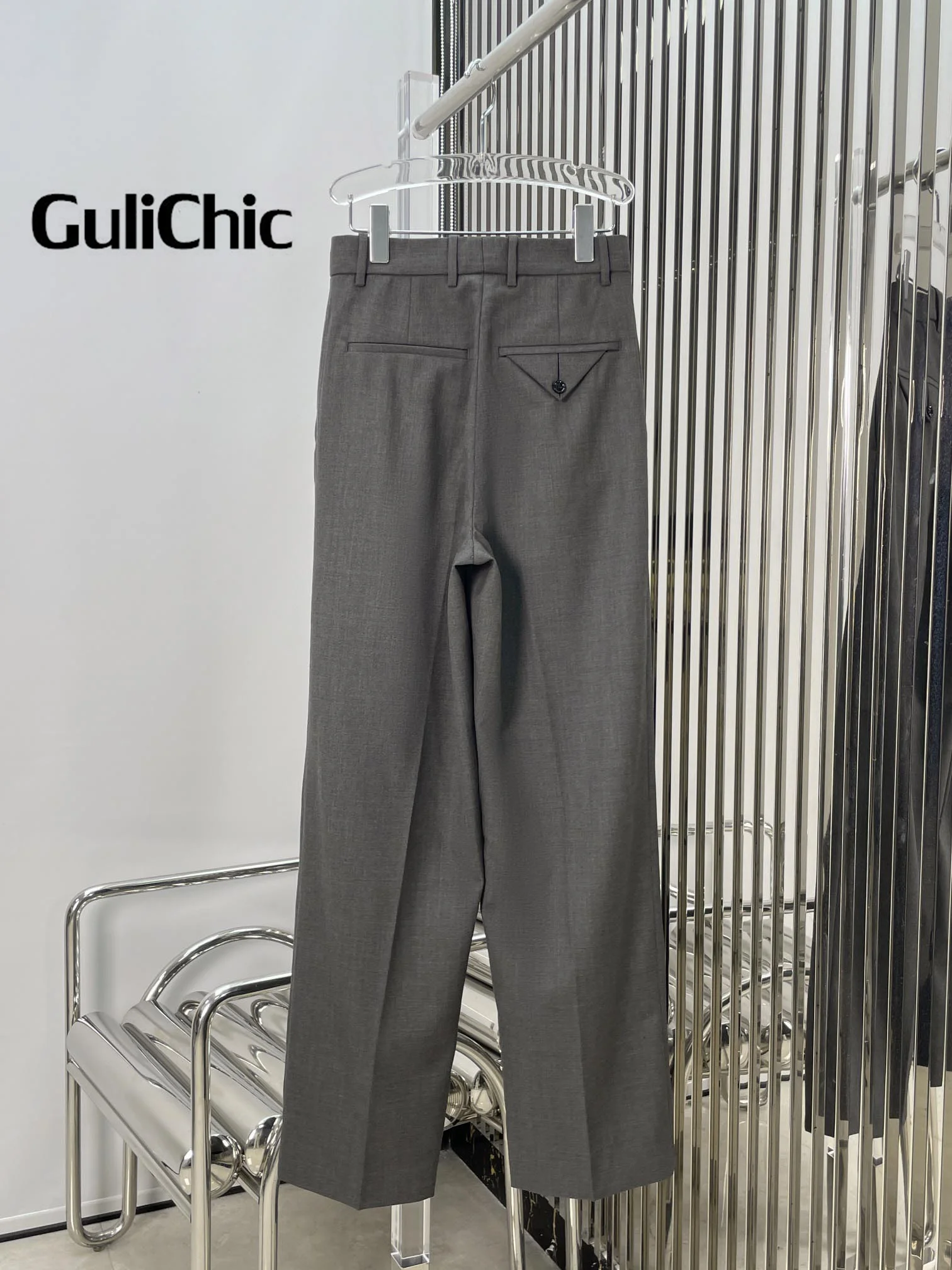 11.7 GuliChic Women 2024 New Temperament High Waist Straight Pants Worsted Wool Casual Trousers Office Lady