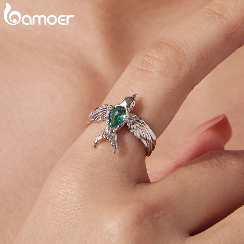 Bamoer 925 Sterling Silver Spring Swallows Open Ring Bird Swing Adjustable Statement CZ Ring for Women Teens Cute Birthday Gift