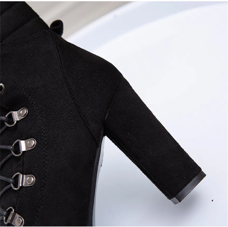 2024 autunno inverno moda piattaforma metà polpaccio stivali da donna tacchi alti stringati rivetto stivaletto in pelle scamosciata punta tonda