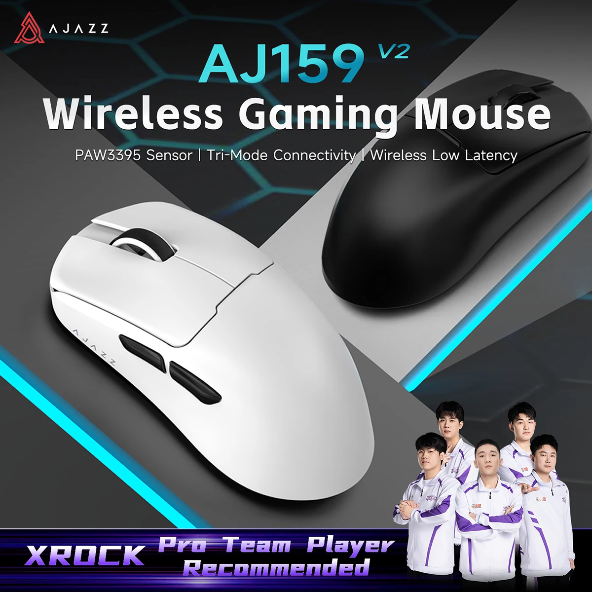 AJ159 V2/ MC Wireless Gaming Mouse PAW3311 24000DPI / PAW3395 36000DPI 3-Mode 2.4G BT Wired 300mAh Battery Swappable Gamer Mouse