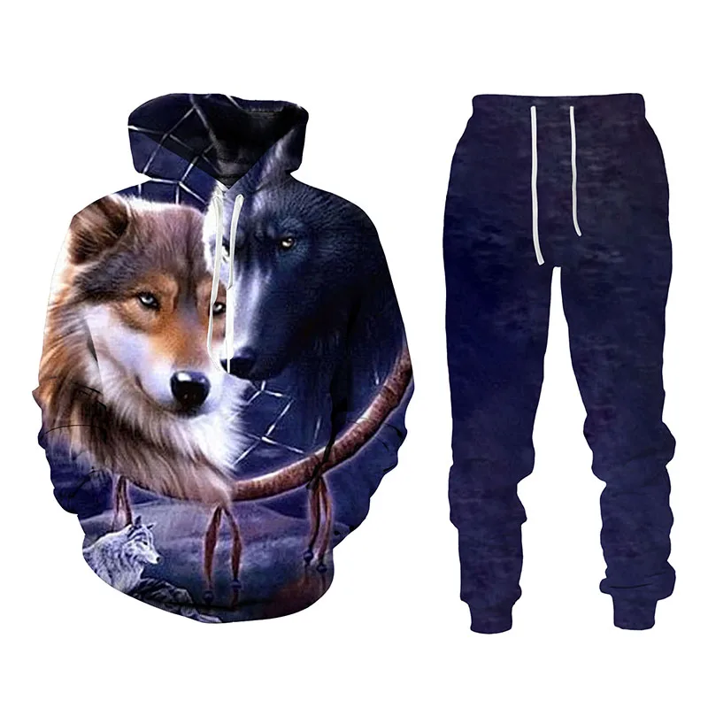 Autumn Winter 3D Animal Ferocious Wolf Printed Men's Hooded Sweater Set Male Sportswear Tracksuit Long Sleeve Men Clothing Suit