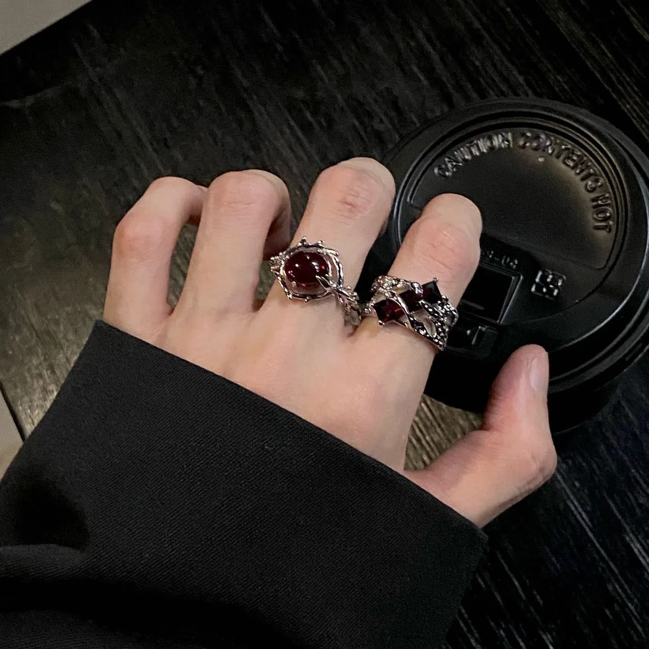 PANJBJ 925 فضة خاتم كريستال أحمر للنساء الجوف خارج السائل الحمم الشوك الاتجاه تنوعا مجوهرات هدية دروبشيبينغ #5