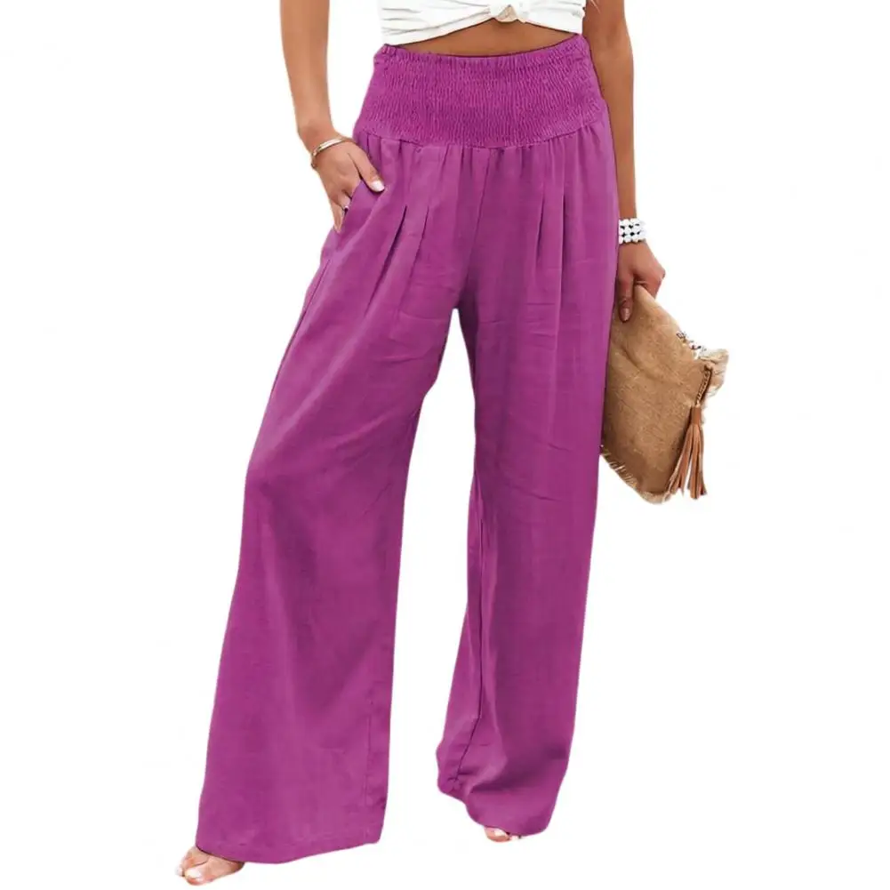 

Women Pants Elastic Waist Straight Wide Leg Long Trousers With Pockets Pure Color Loose Fit Lounge Pants