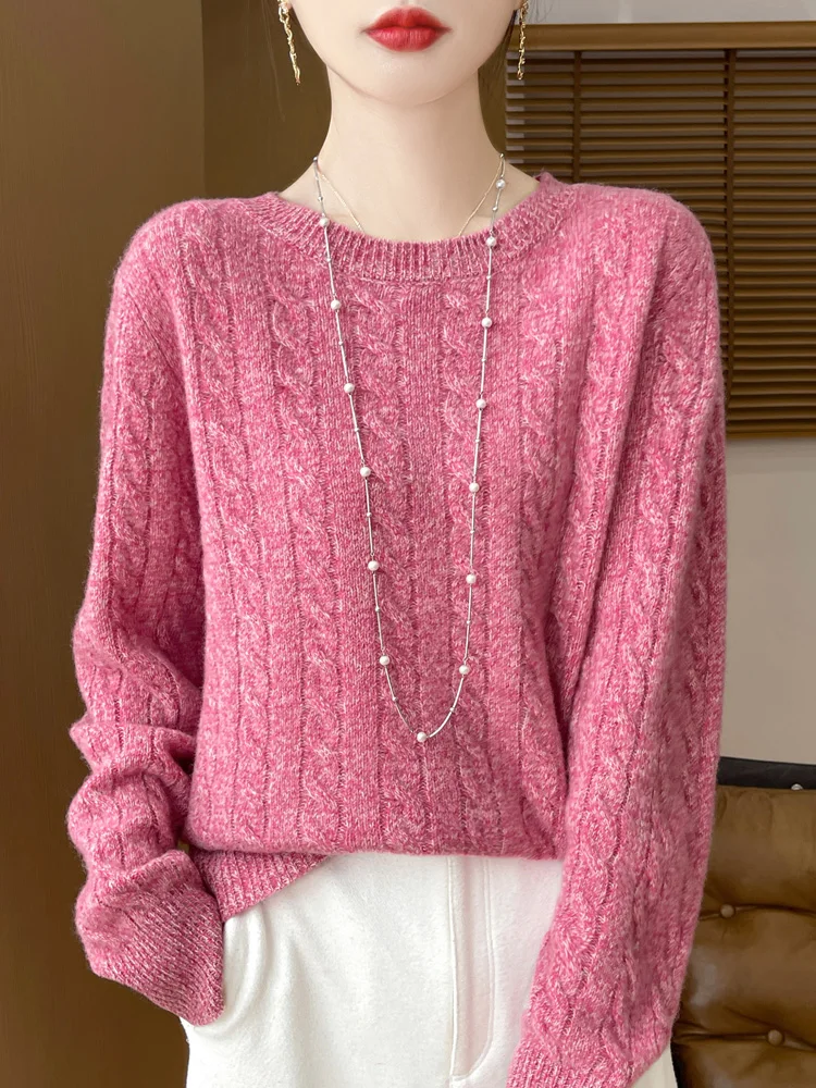 Customization Women's Cable Stitch Pullover Sweater Autumn Winter Elegant Long Sleeves O-Neck 100% Merino Wool Warm Soft Knitted