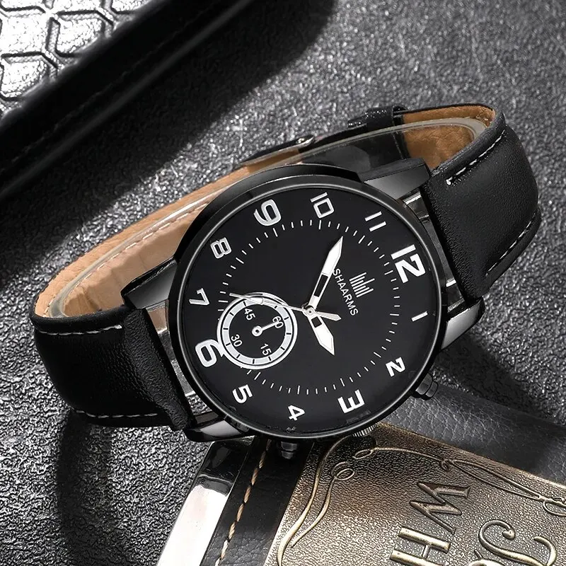 2Pcs Set Fashion Mens Watches Leather Band Quartz Wrist Watch Men Luxury Business Watches Men Minimalist Black Watch