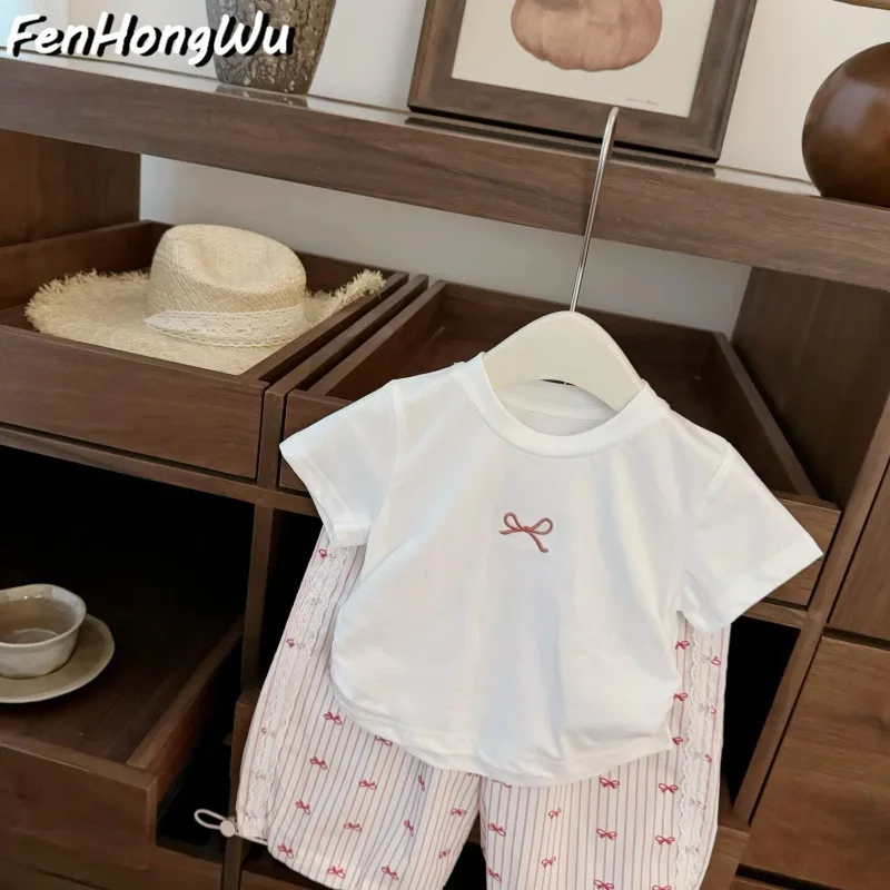 

Cute Super Sweet Cool Korean Children's Clothing BowknotTTrendy Pink Workwear Pants Fashionable Set