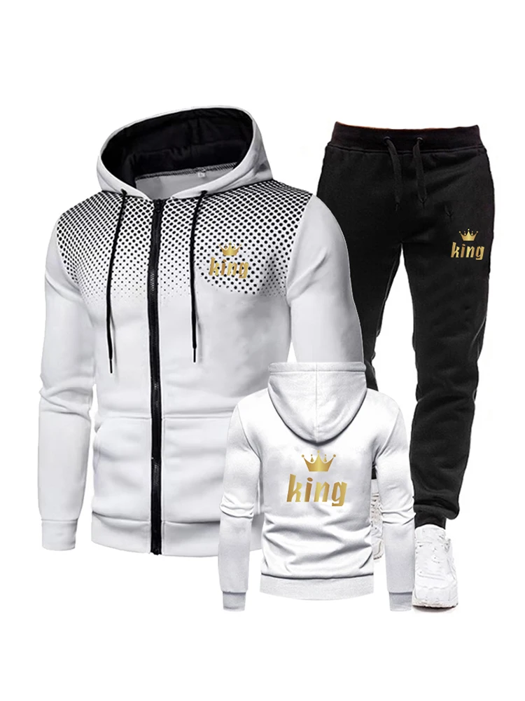 Men Gothic Zipper Casual Hoodies Suit Winter Autumn Long Sleeve Sports 2 Piece Set Long Pants Street Print Gradient DropShipping