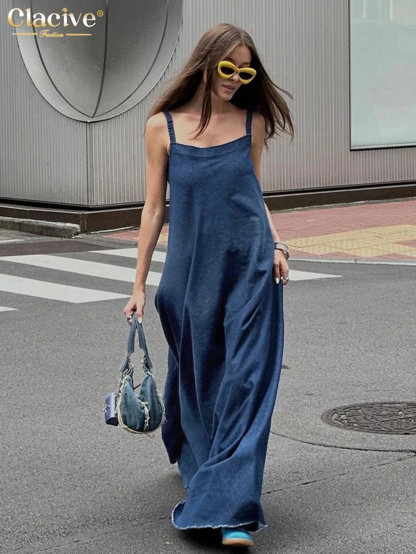 

Clacive Fashion Loose Blue Denim Women's Dress 2024 Elegant Strap Sleeveless Ankle Length Dresses Asual Classic Female Dress