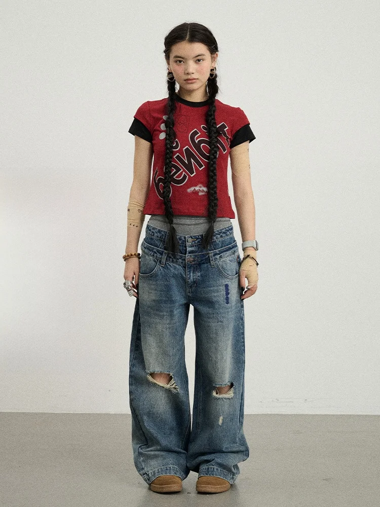 Achihara Cisas Eve Fake Two-Piece ort Sve Summer T-irt Women's ort oulder Fit Cotton Polyester Qui Dry round...