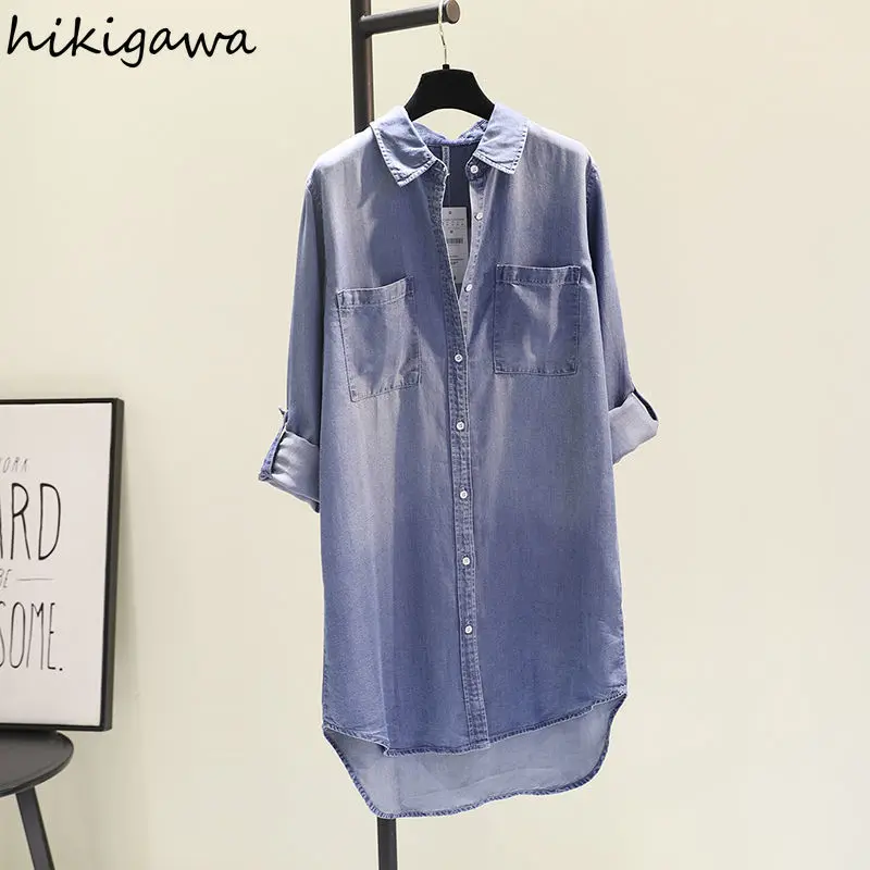 

Streetwear Denim Shirt 2025 Women Clothing Long Sleeve Casual Thin Long Blouses Camisas De Mujer Casual Fashion Korean Y2k Tops