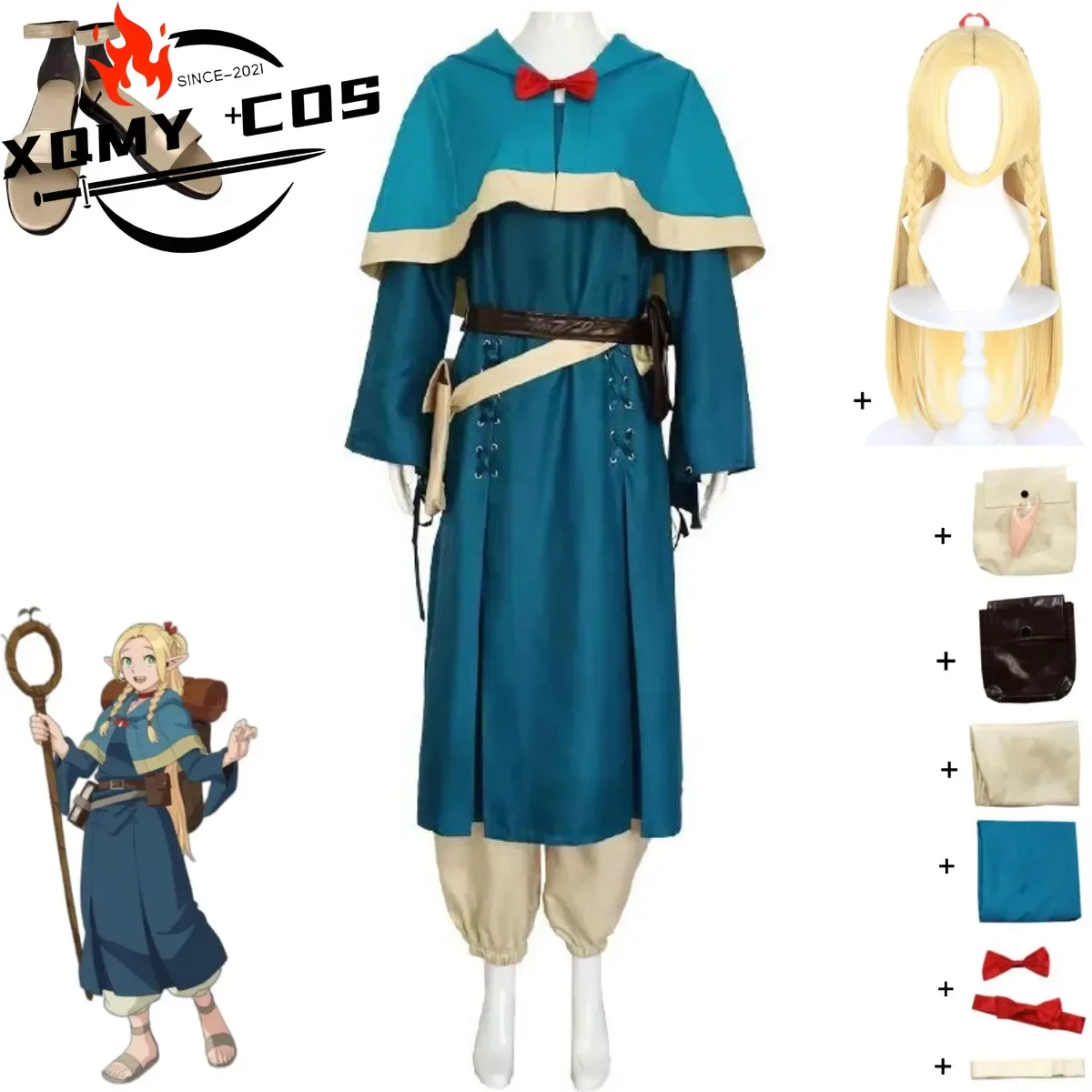 

XQAnime Delicious in Dungeon Marcille Cosplay Costume Hooded Shawl Uniform Wig Shoes Woman Lovely Christmas Birthday Party Suit