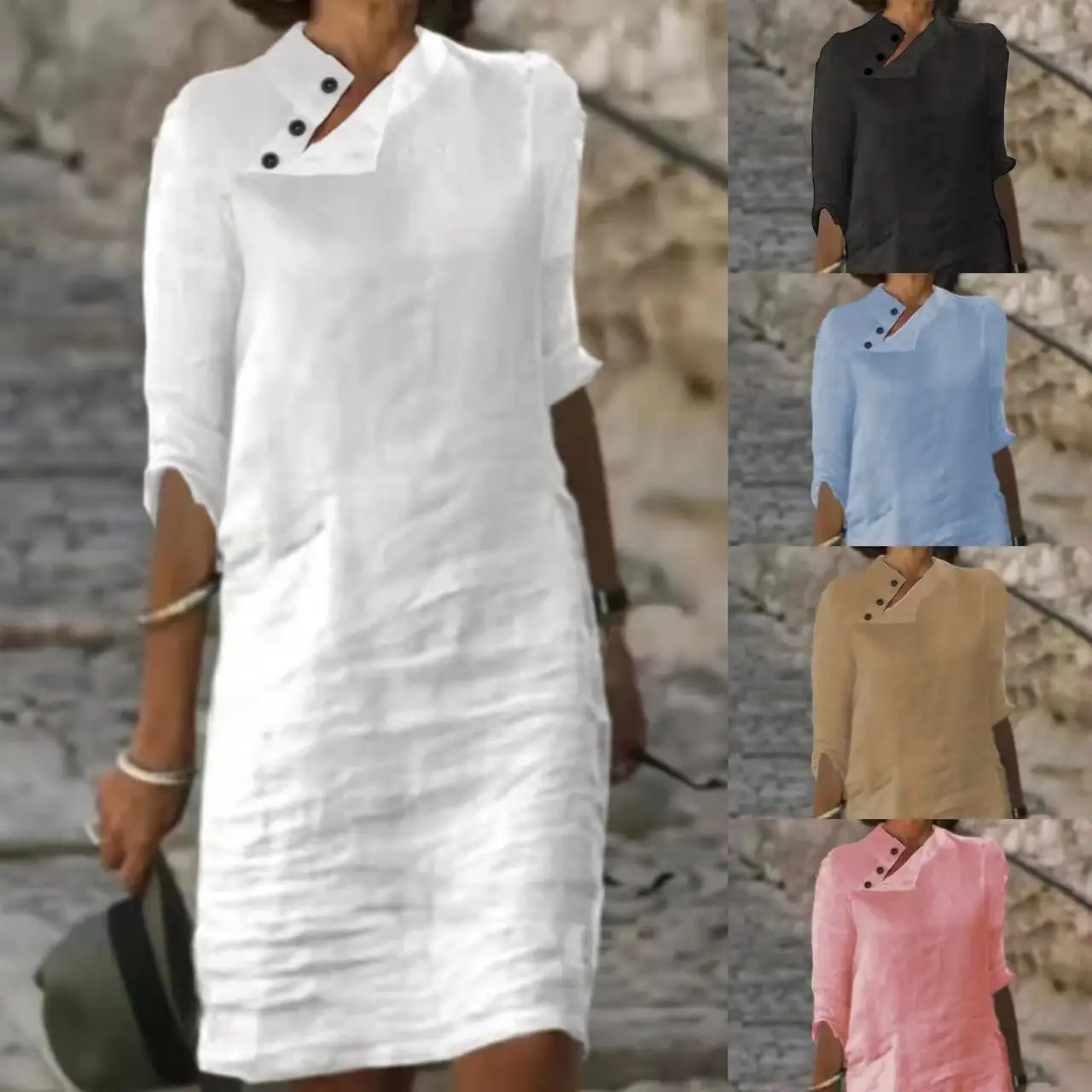 Casual Solid Pullover Dresses Spring Cotton Linen Loose Medium Length Dress Retro Button Stand Collar Half Sleeve Commuter Dress