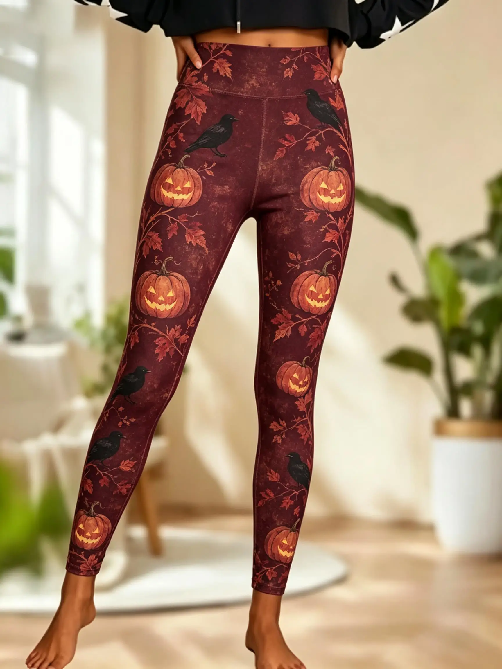Women Halloween Fleece Mid‑Rise Leggings Pumpkin Crow Dead Tree Vintage Full Print Stretch Slim Pants