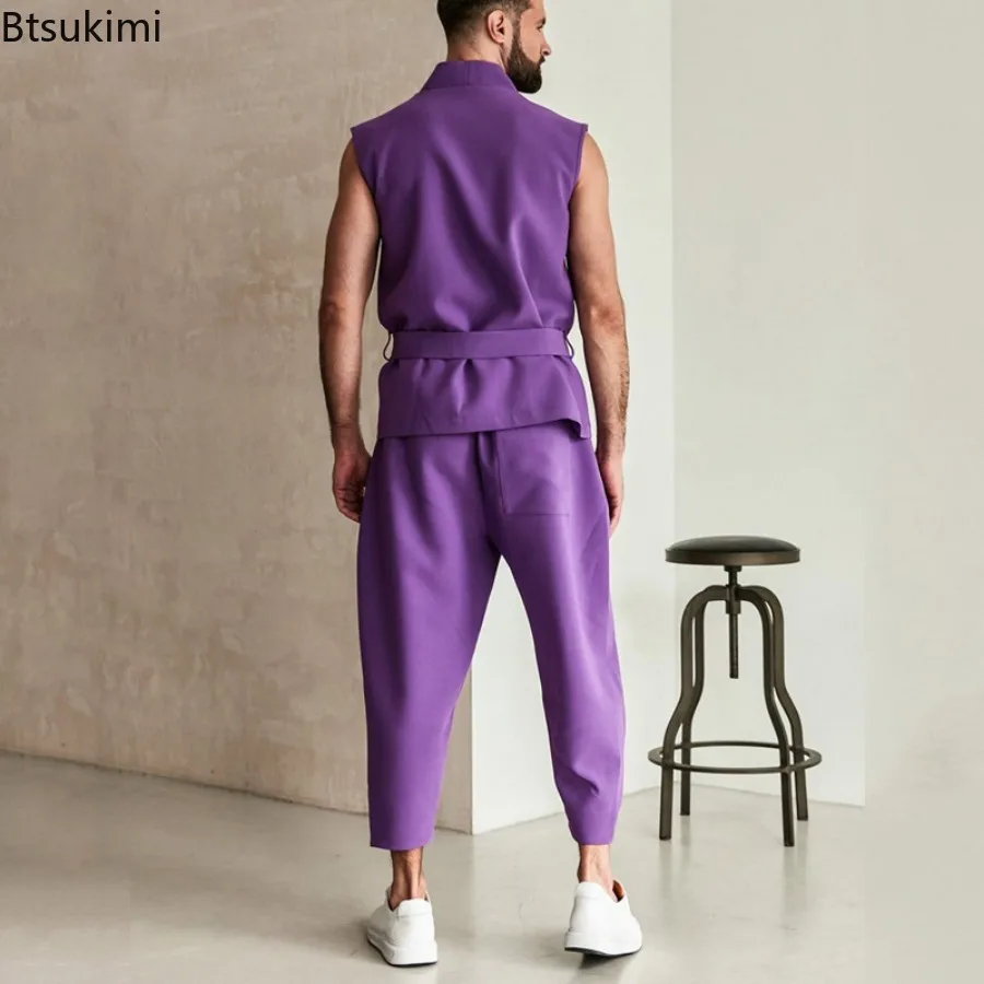 2025 Fashion High Street Men's Two Pieces Purple Sleeveless Lace-up Cardigan Tops and Pants Casual Outfits Trend Men's Clothing