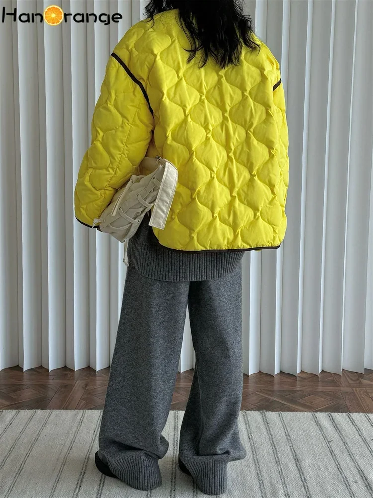 HanOrange 2024 Winter Fashion Contrasting Jacket Women 90% Duck Down Warm Comfortable Cotton-Padded Jacket Yellow/Smog Blue