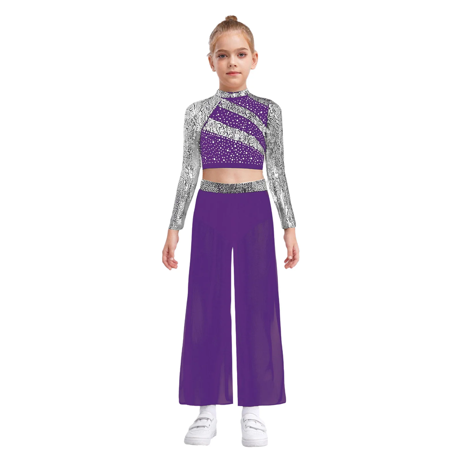 สาวเต้นรําละตินเครื่องแต่งกาย Mock คอแขนยาว Cutout กลับกดปุ่ม Crop Top กว้างขาด้านข้าง Slit กางเกงเต้นรํา
