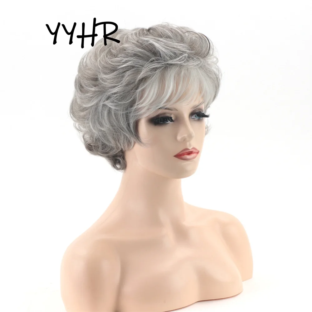 Synthetic Curly Wig for Women Ombre Silver Gray Natural Short Hair Wig Good Quality Adjustable Size Women's Wigs With Bangs