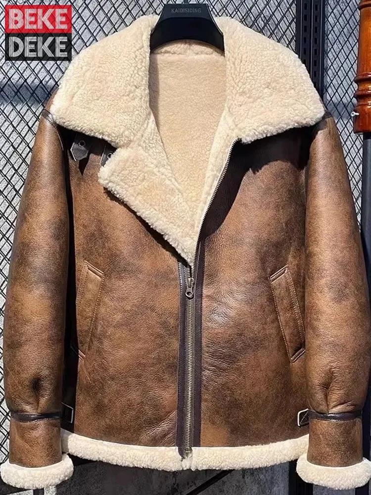 Winter Mens Thick Warm Natural Real Fur Vintage Genuine Leather Shearling Motorcycle Jacket Wool Lining Coat Large Size Overcoat